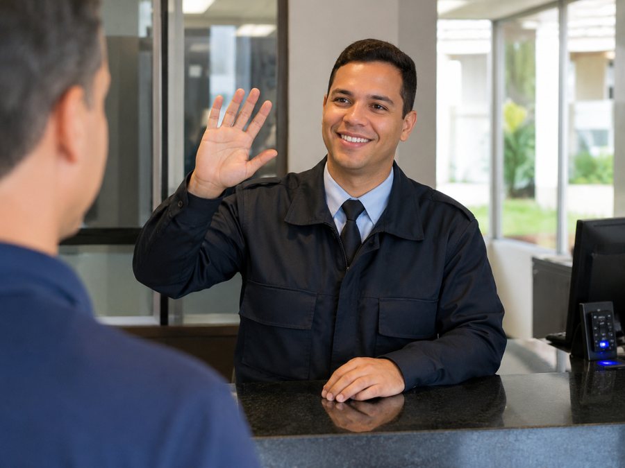 Agente de portaria da EUSEC atendendo um visitante na recepção