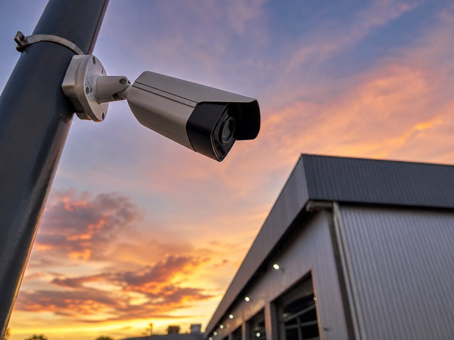 Câmera de CFTV instalada na fachada de um galpão industrial