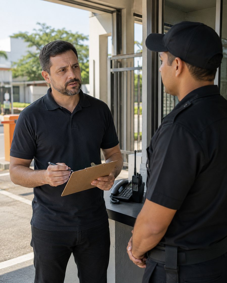 Agente da EUSEC conferindo a entrada de um prestador de serviço